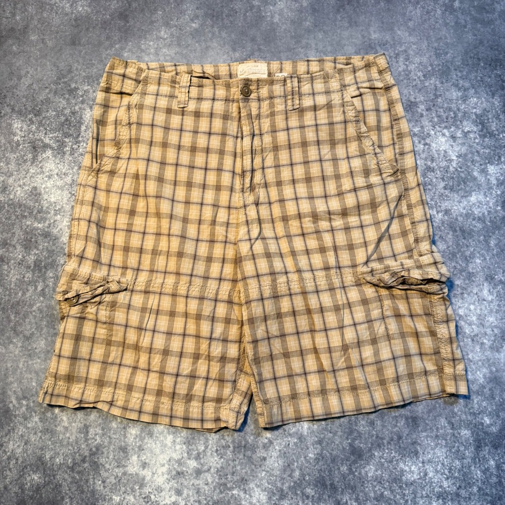 Y2K Aeropostale Mens Tan Plaid Baggy Cargo Shorts Size 38 Casual Summer
